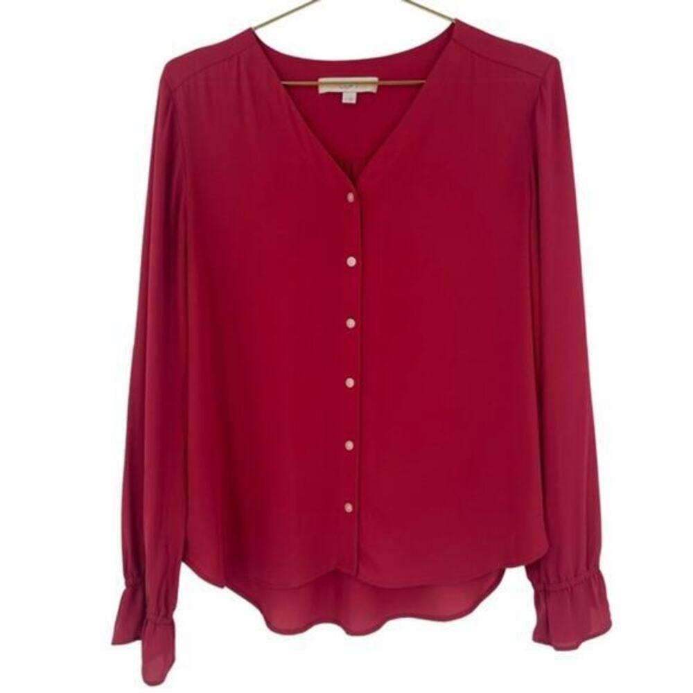 LOFT  Red V-Neck Blouse Button down Small